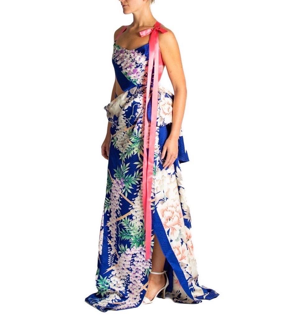 MORPHEW ATELIER Cobalt Blue Bias Cut Japanese Kimono Silk Gown With 1940S Shocking Pink Ribbon