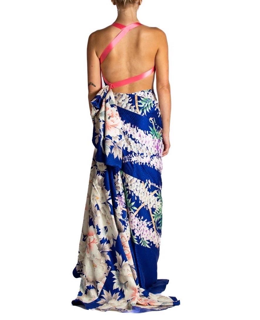 MORPHEW ATELIER Cobalt Blue Bias Cut Japanese Kimono Silk Gown With 1940S Shock For Sale 2