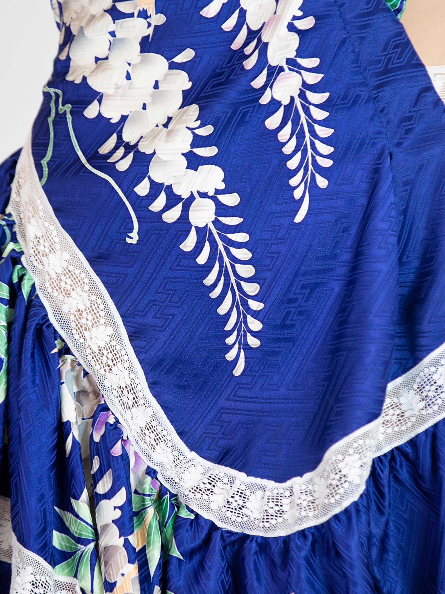 MORPHEW ATELIER Cobalt Blue Floral Japanese Kimono Silk Jacquard Cocktail Dress For Sale 4