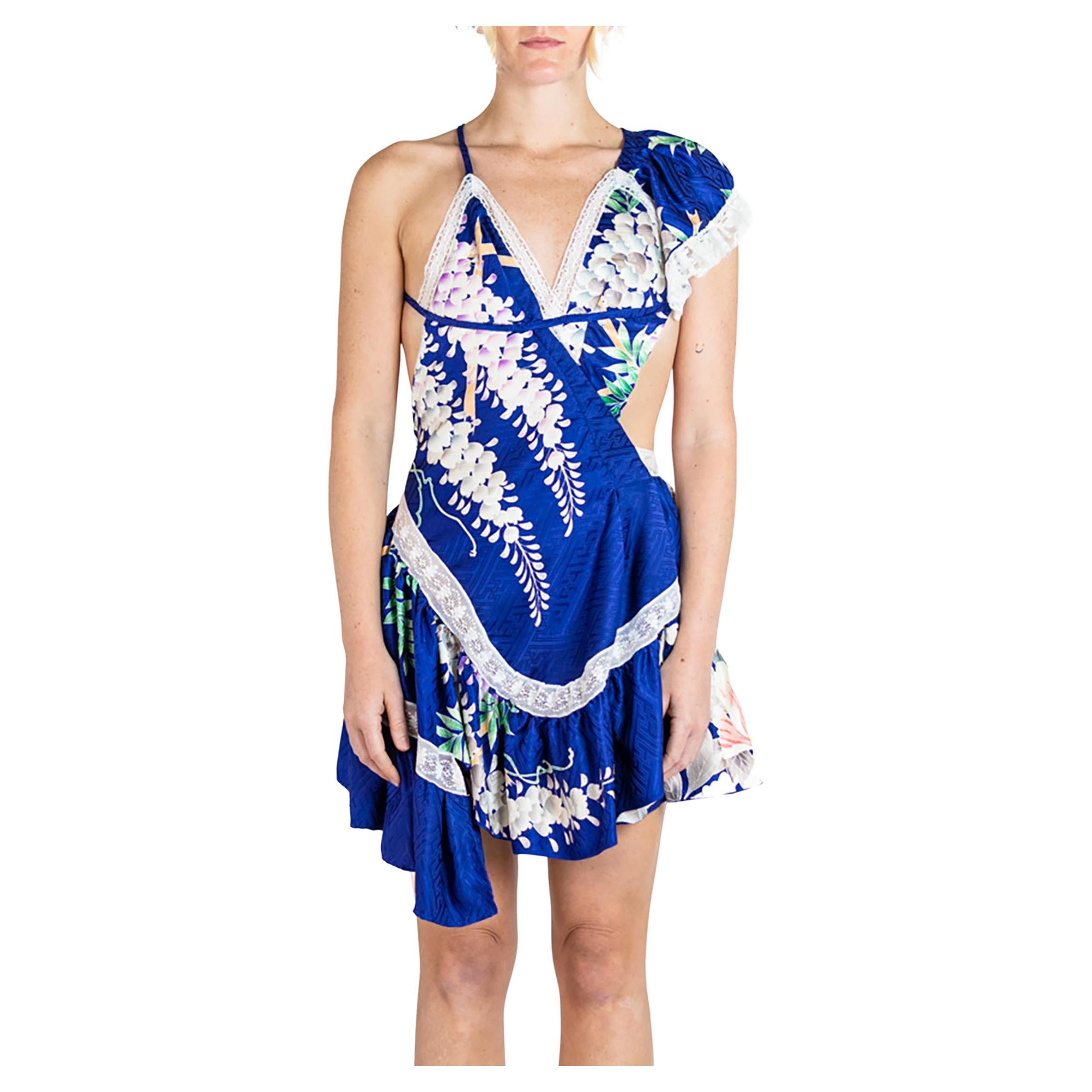 MA Cobalt Blue Floral Japanese Kimono Silk Jacquard Cocktail Dress For Sale