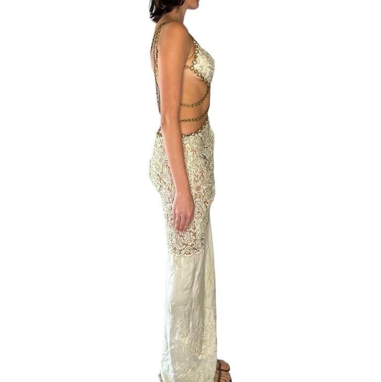 MORPHEW ATELIER Cream & Antique Gold Silk Cotton Lace Vintage Chain Gown With C In Excellent Condition For Sale In New York, NY