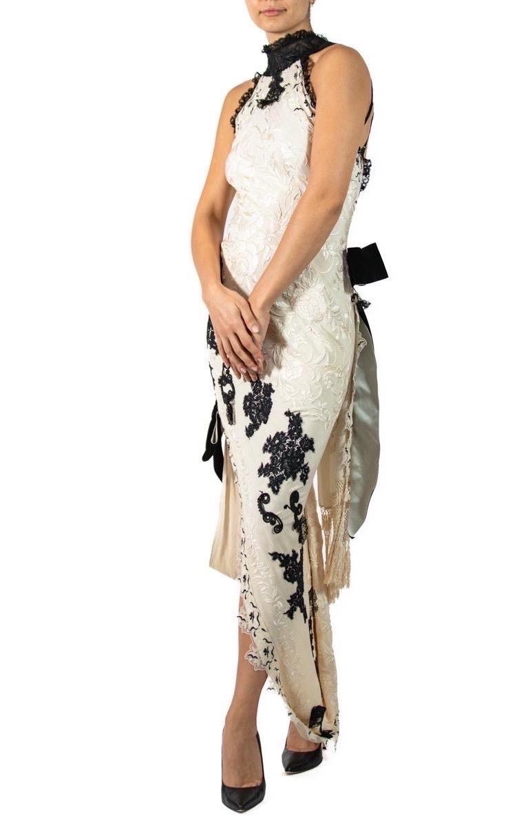 MORPHEW ATELIER Cream & Black Bias Cut Silk Fully Hand Embroidered Gown With Vi For Sale 6