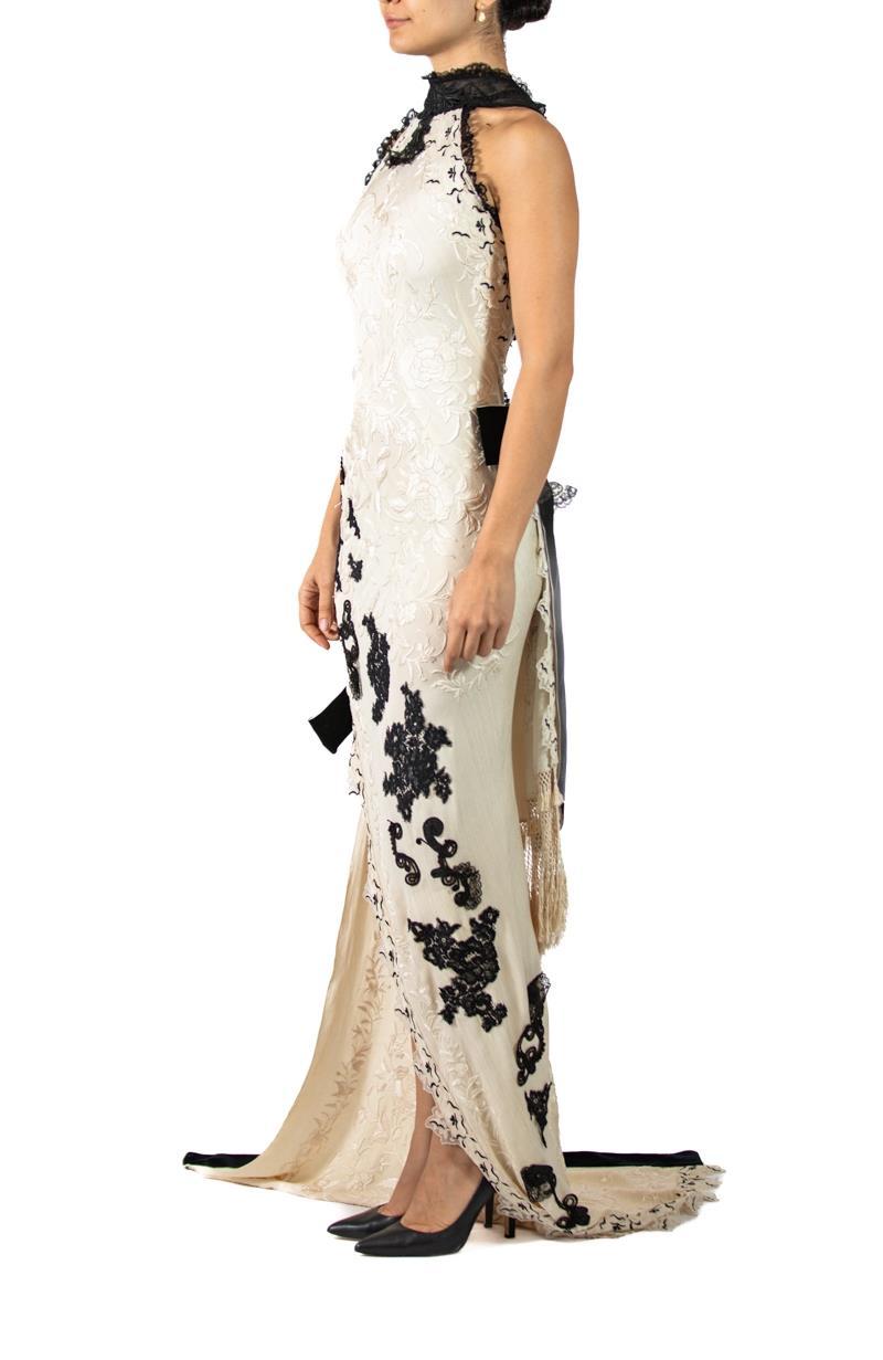 This gown is draped on the bias and spirals around the body with no side seams. Instead ingenious darts in the antique hand embroidered Chinese silk shape the fabric to the body. Inspired by the spiraling beauty of Boldini's portraits. The rich