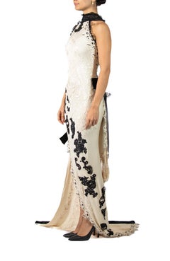 MORPHEW ATELIER Cream & Black Bias Cut Silk Fully Hand Embroidered Gown With Vi