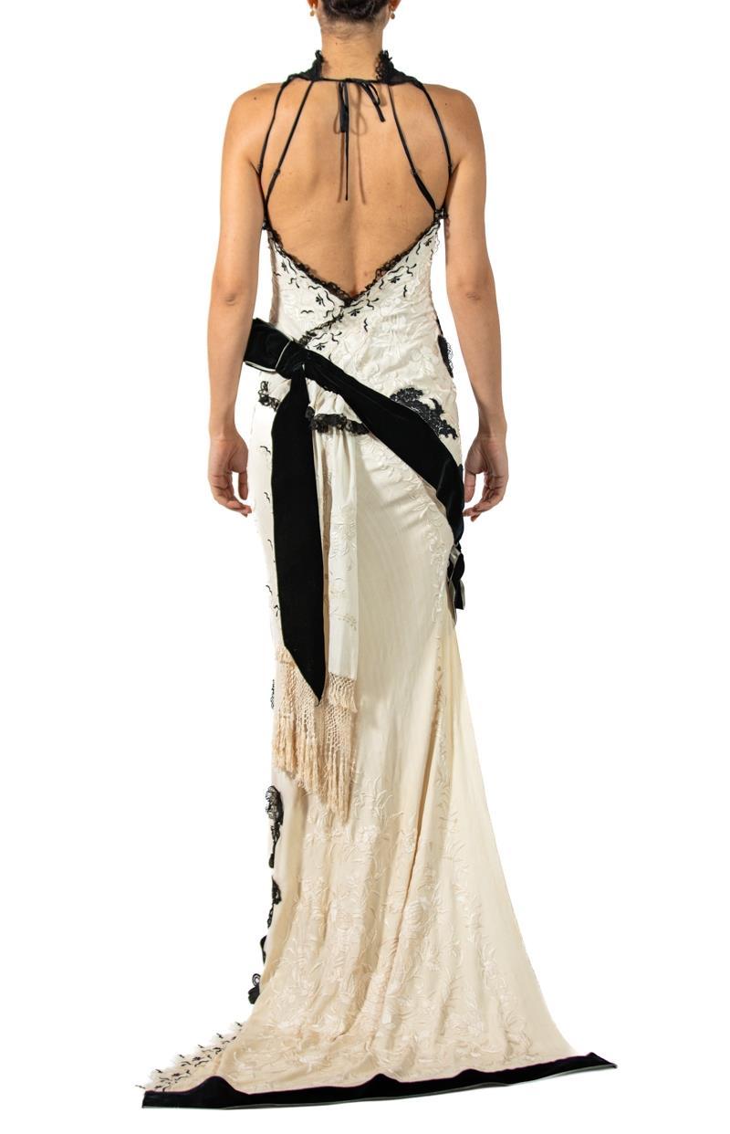 MORPHEW ATELIER Cream & Black Bias Cut Silk Fully Hand Embroidered Gown With Vi In Excellent Condition For Sale In New York, NY