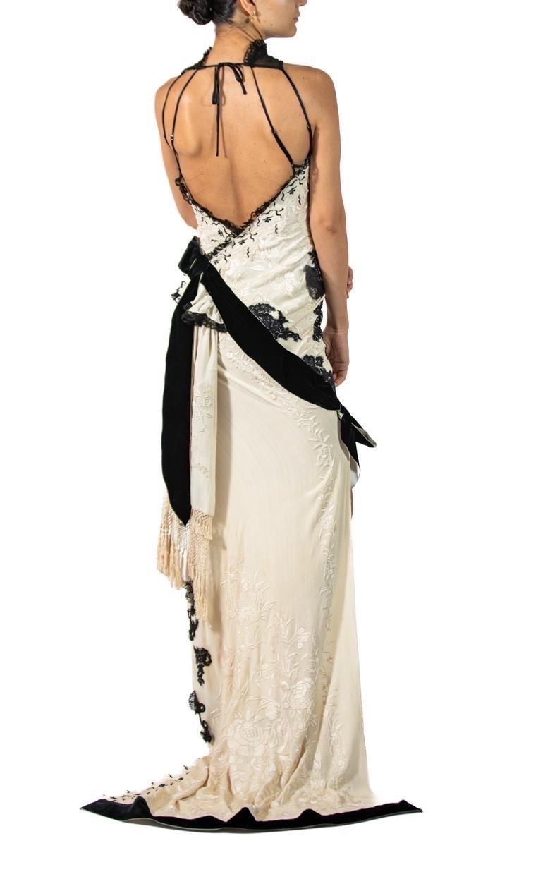 MORPHEW ATELIER Cream & Black Bias Cut Silk Fully Hand Embroidered Gown With Vi For Sale 1