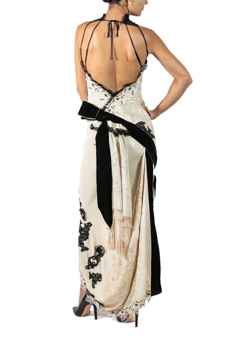 MORPHEW ATELIER Cream & Black Bias Cut Silk Fully Hand Embroidered Gown With Vi For Sale 5