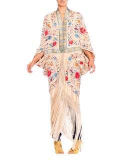 MORPHEW ATELIER Cream & Blue Multicolored Silk Embroidered Floral Cocoon With F