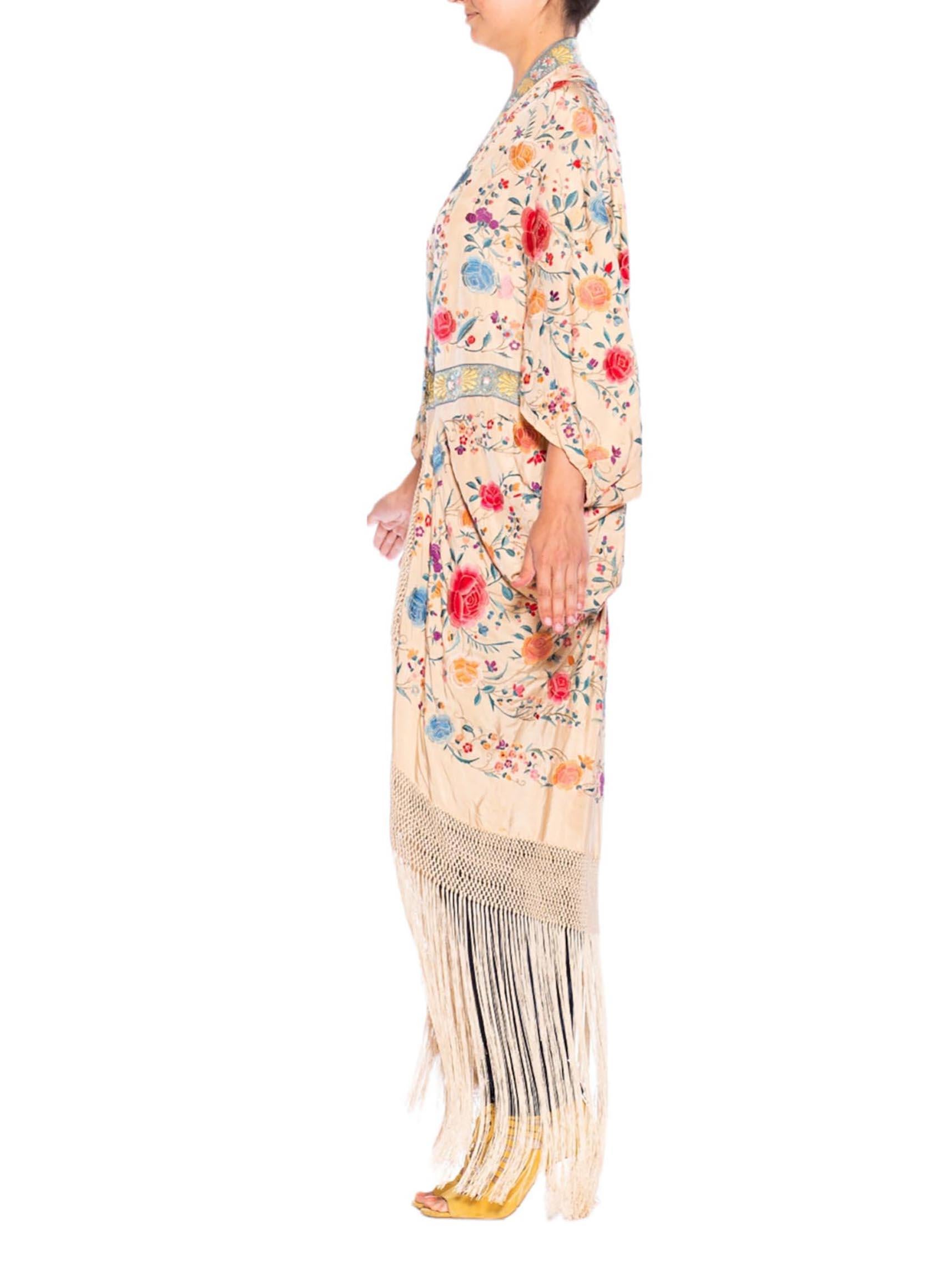 MORPHEW ATELIER Cream & Blue Multicolored Silk Embroidered Floral Cocoon With F In Excellent Condition In New York, NY