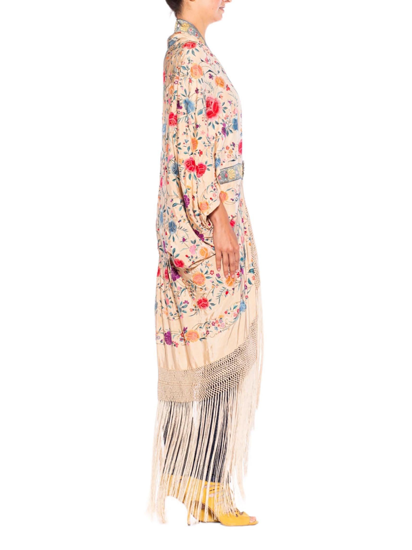 Women's MORPHEW ATELIER Cream & Blue Multicolored Silk Embroidered Floral Cocoon With F
