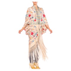 MORPHEW ATELIER Cream & Blue Multicolored Silk Embroidered Floral Cocoon With F
