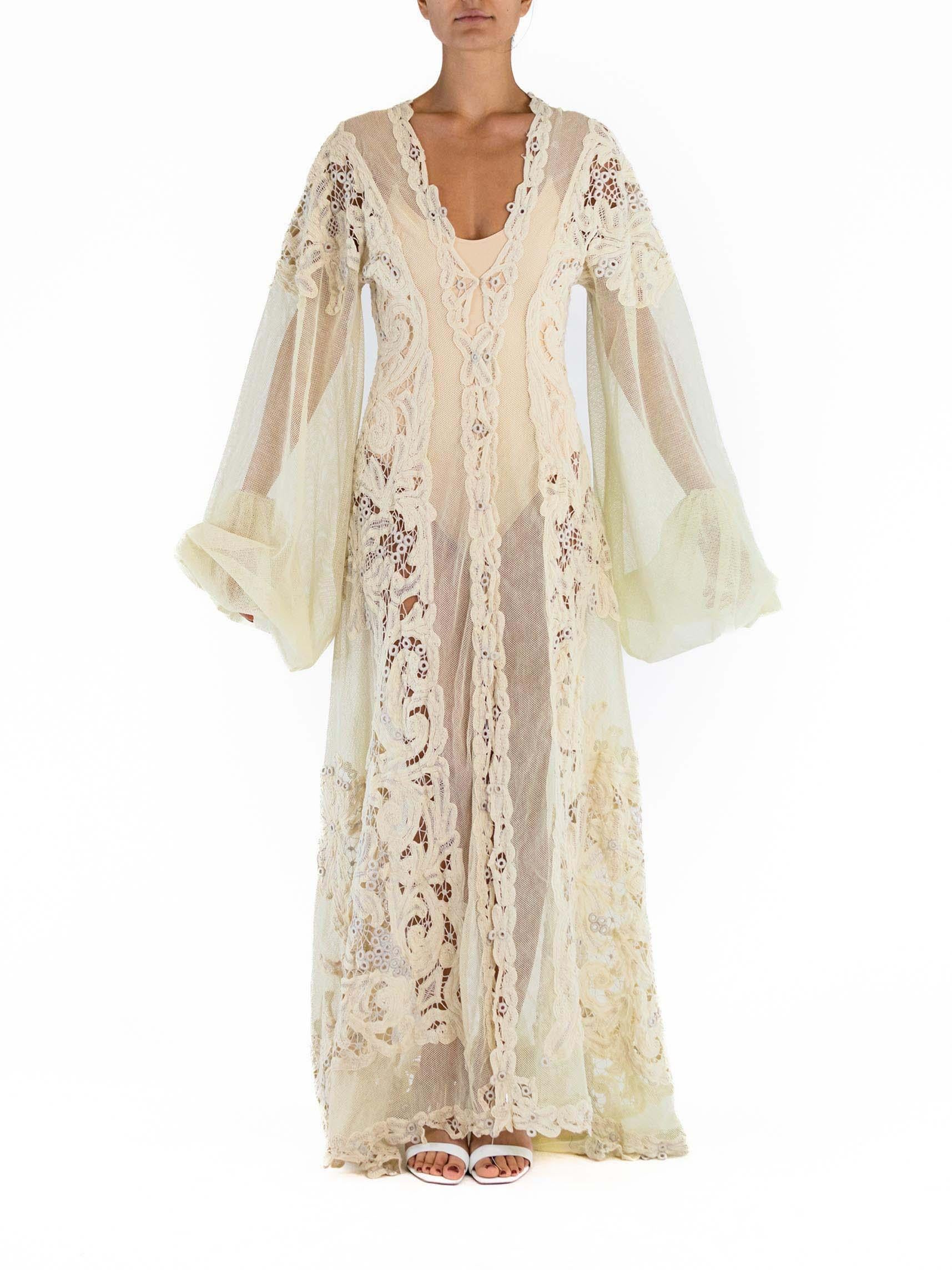 MORPHEW ATELIER Cream Cotton Net & Handmade Victorian Tape Lace Gown With Giant Sleeves