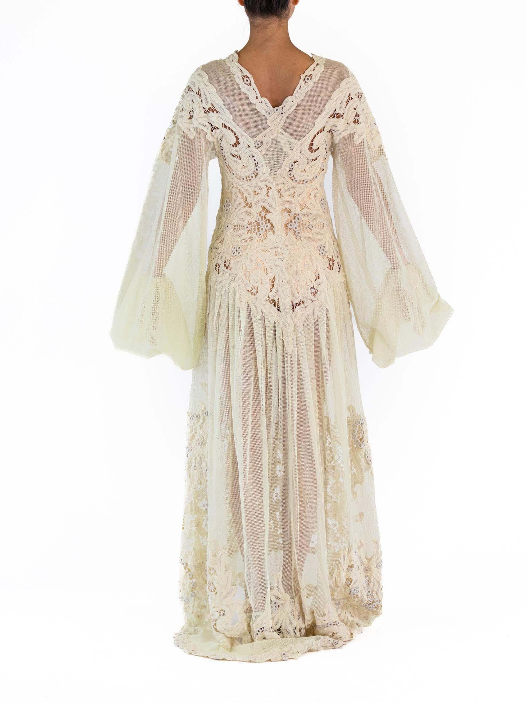MORPHEW ATELIER Cream Cotton Net & Handmade Victorian Tape Lace Gown With Giant For Sale 2