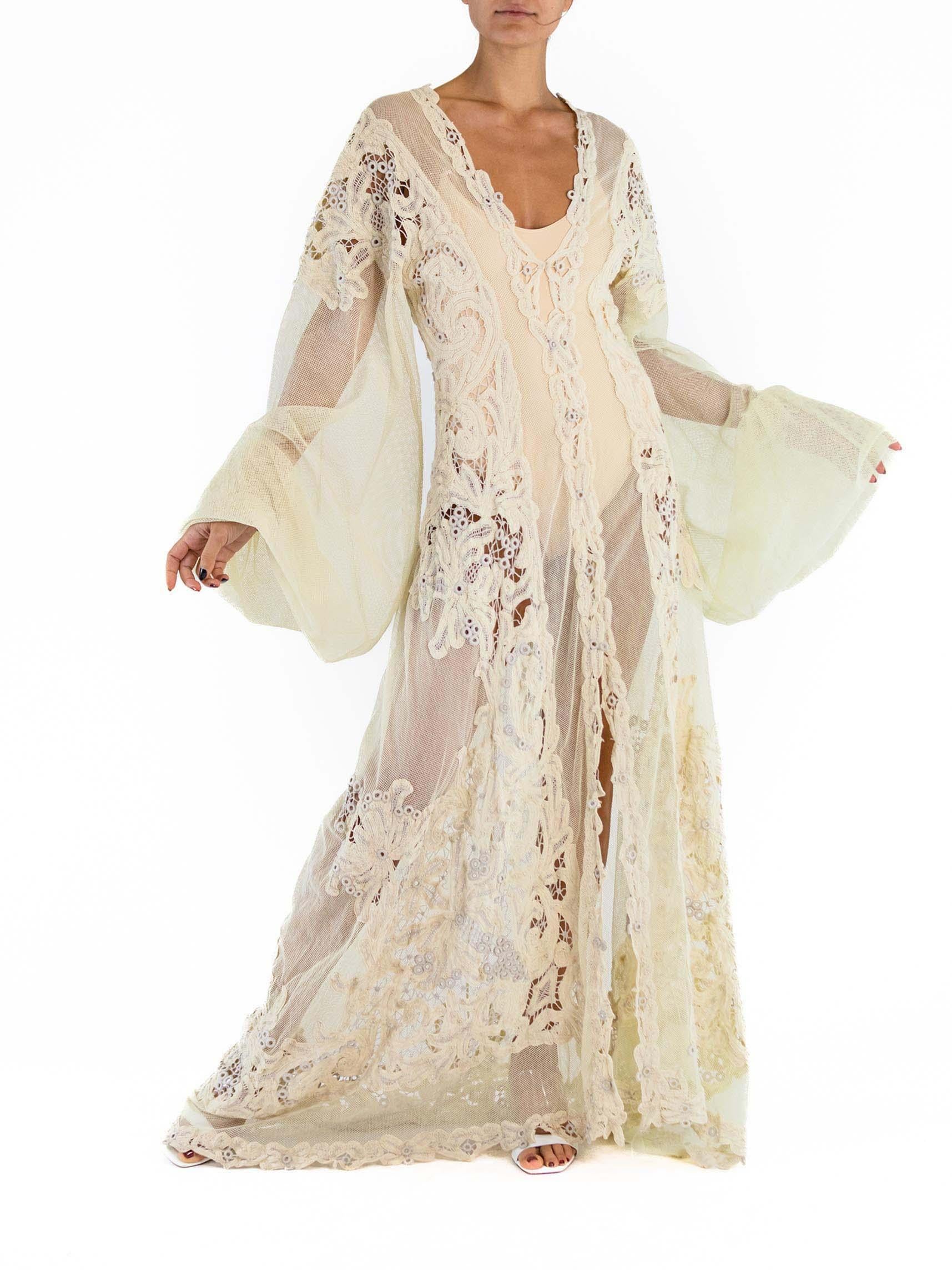 MORPHEW ATELIER Cream Cotton Net & Handmade Victorian Tape Lace Gown With Giant For Sale 4