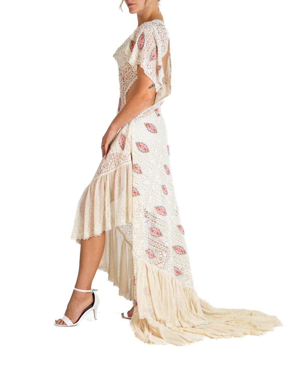 Women's MORPHEW ATELIER Cream Cotton / Rayon 1930'S Lace Gown With Slit & Ruffled Train For Sale