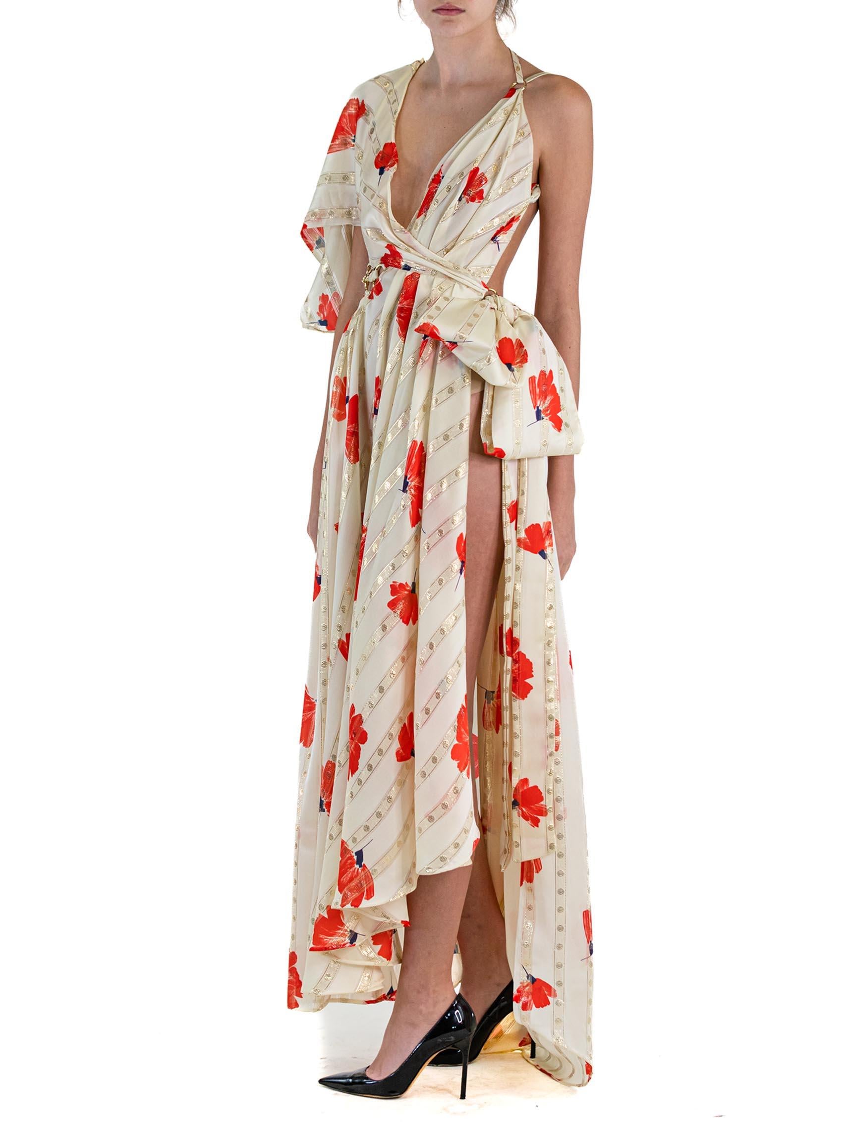 MORPHEW ATELIER Cream & Red Poly/Lurex Lamé Cut-Out Gown With High Slit Bow For Sale 2