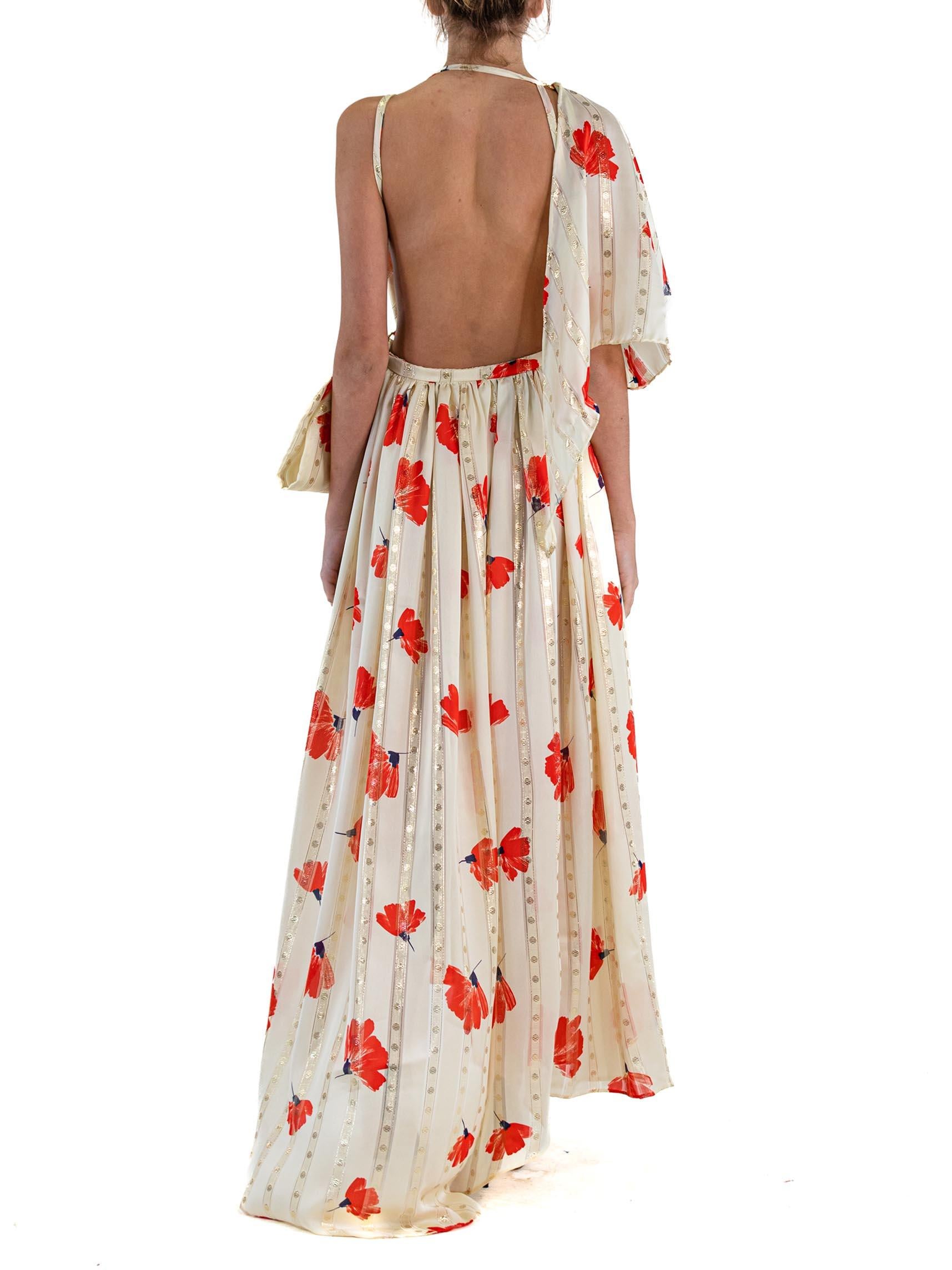 MORPHEW ATELIER Cream & Red Poly/Lurex Lamé Cut-Out Gown With High Slit Bow For Sale 3