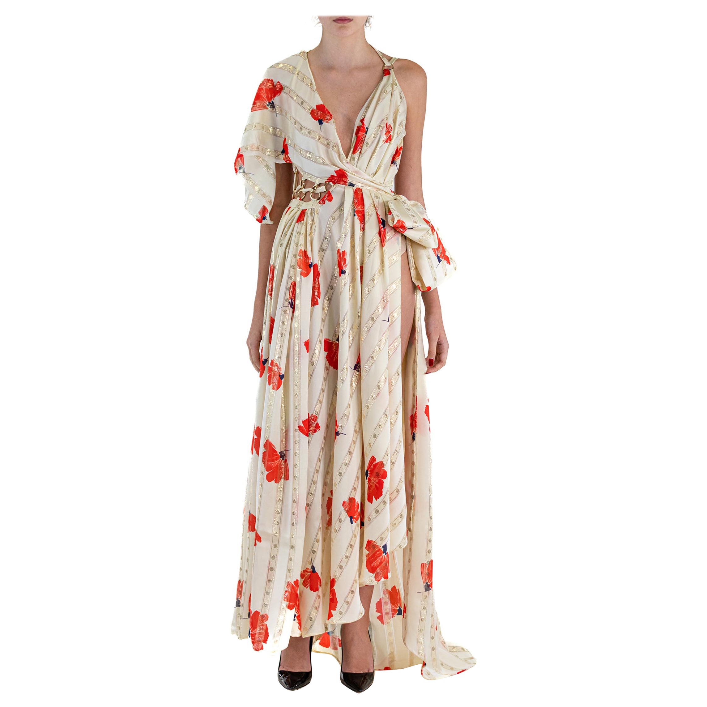 MORPHEW ATELIER Vestido recortado con lazo alto en poliéster/látex lamé crema y rojo en venta