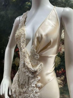 MORPHEW ATELIER Cream Silk Charmeuse & Chiffon Beaded Lace Bias Cut Gown