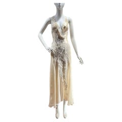 MORPHEW ATELIER Cream Silk Charmeuse & Chiffon Beaded Lace Bias Cut Gown
