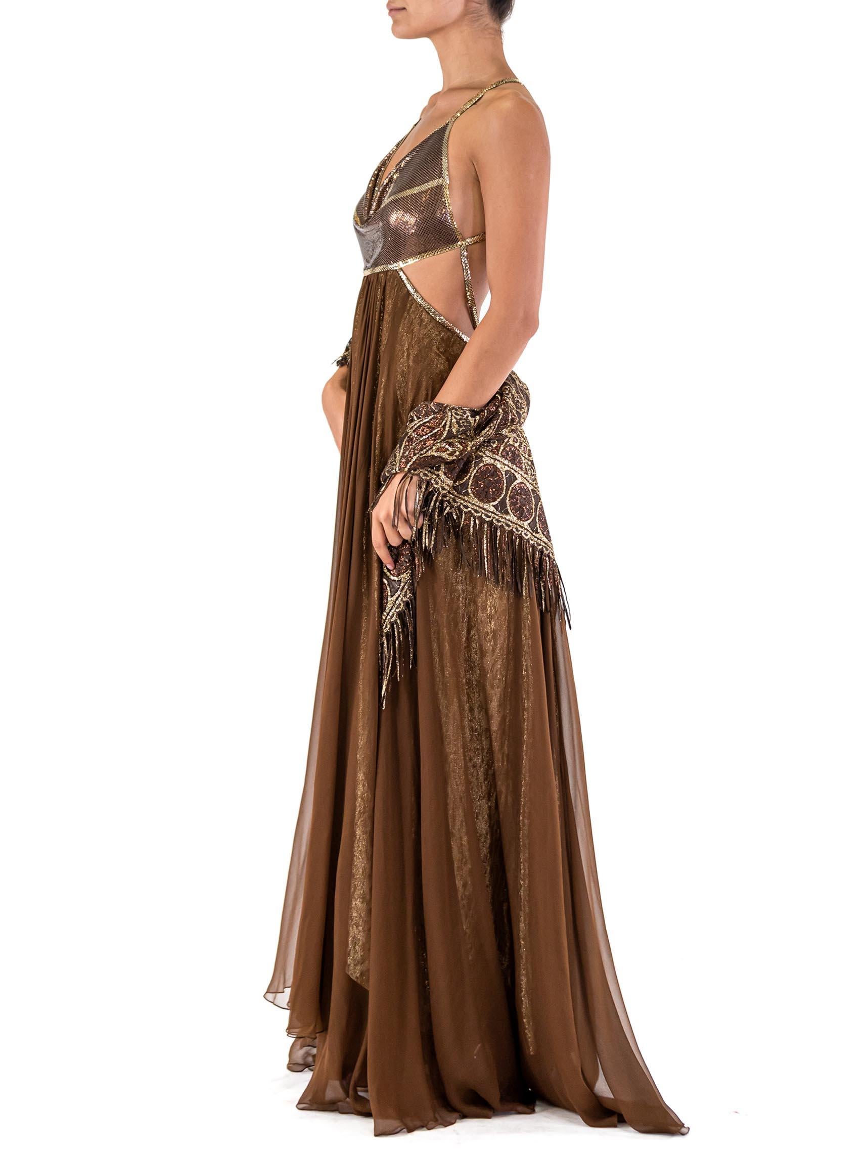 Can fit size 0 to 6. Was made on mannequin size 6.  MORPHEW ATELIER Dark Chocolate Brown Silk Chiffon & Leopard Lamé Metal Mesh Gown 