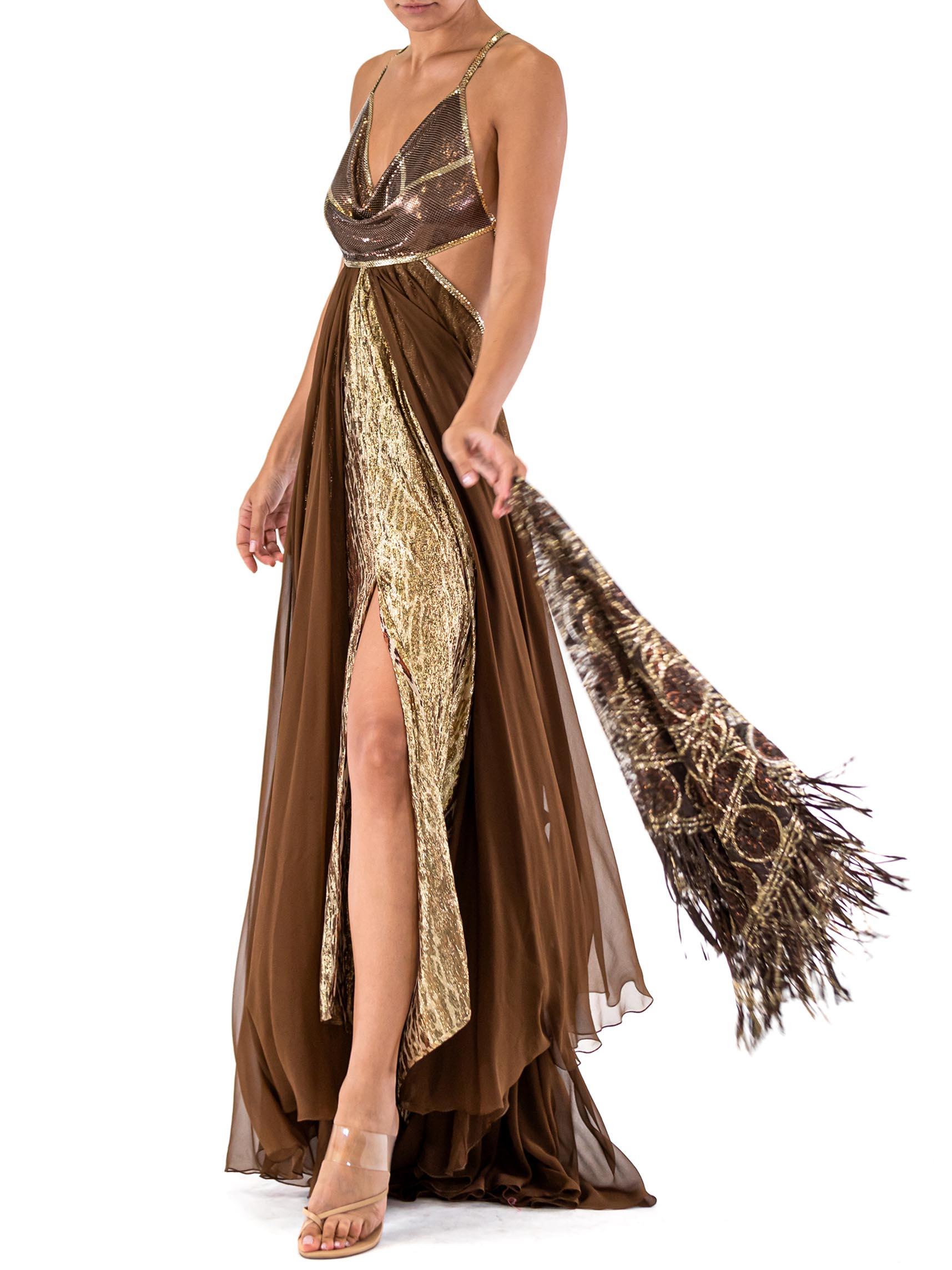 Women's MORPHEW ATELIER Dark Chocolate Brown Silk Chiffon & Leopard Lamé Metal Mesh Gown