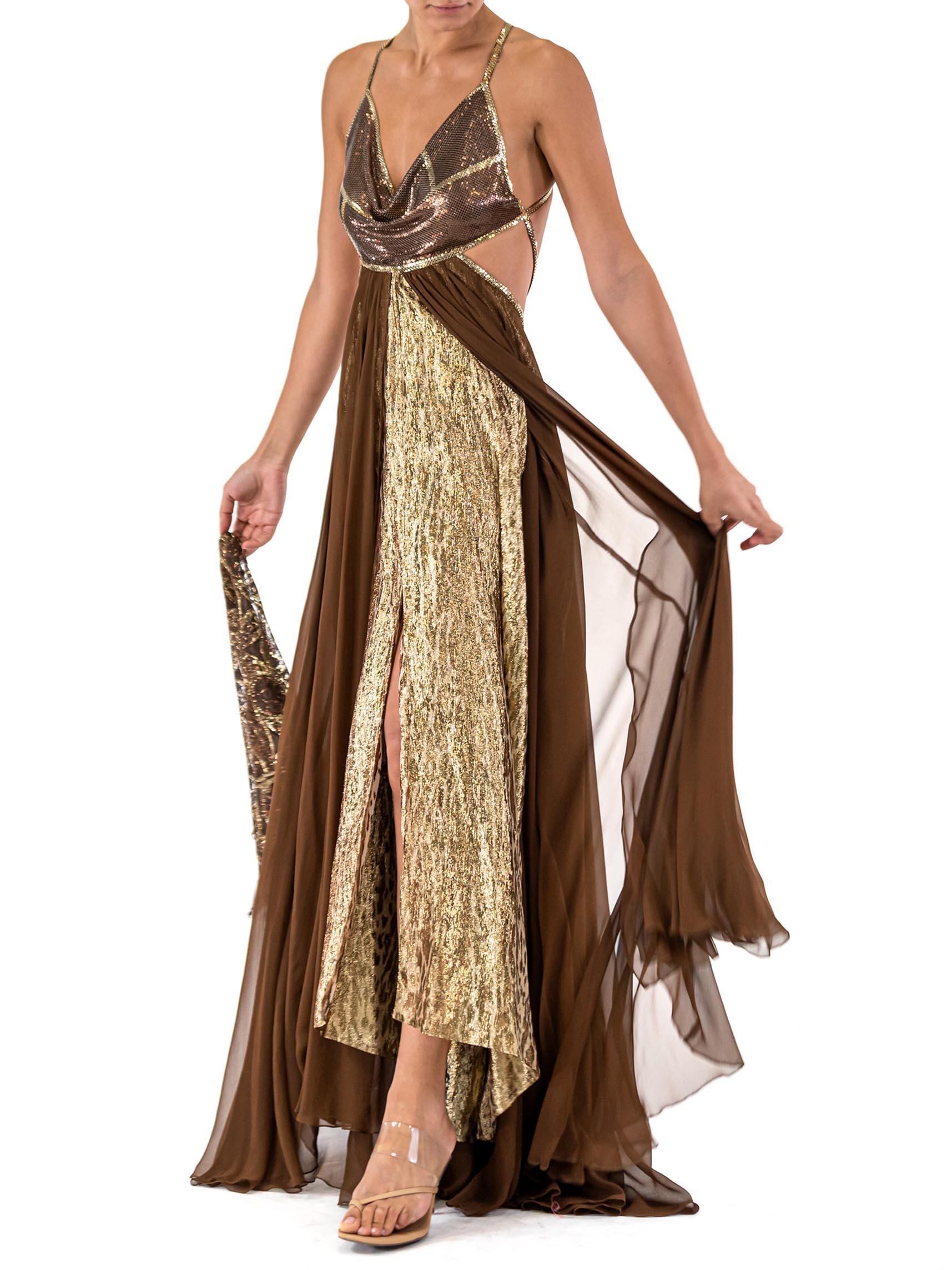 MORPHEW ATELIER Dark Chocolate Brown Silk Chiffon & Leopard Lamé Metal Mesh Gown 1