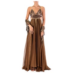 MORPHEW ATELIER Dark Chocolate Brown Silk Chiffon & Leopard Lamé Metal Mesh Gown