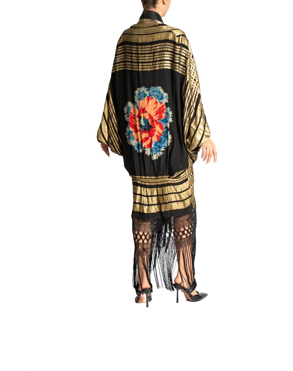MORPHEW ATELIER Gold Black Lamé Luxurious And Silk With Hand Printed Flower Des For Sale 3