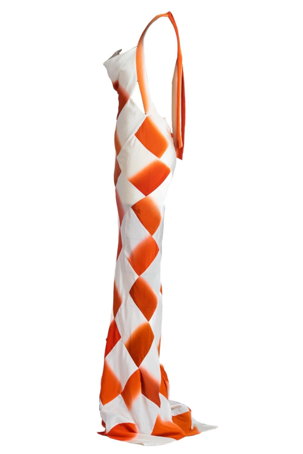 MORPHEW ATELIER Goldenes orangefarbenes & cremefarbenes Seiden-Patchwork-Kleid mit Schrägschnitt im Angebot 1
