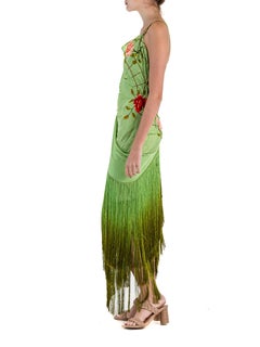 MORPHEW ATELIER Green Hand Embroidered Silk Bias Piano Shawl Gown With Ombré Fr