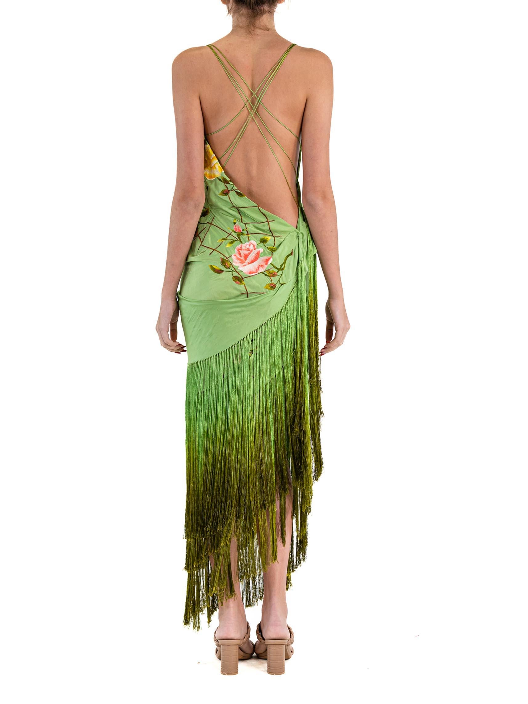 Women's MORPHEW ATELIER Green Hand Embroidered Silk Bias Piano Shawl Gown With Ombré Fr For Sale