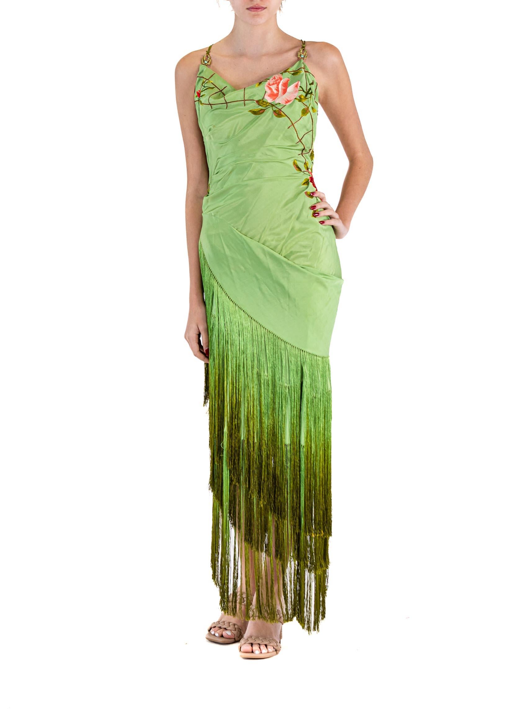 MORPHEW ATELIER Green Hand Embroidered Silk Bias Piano Shawl Gown With Ombré Fr For Sale 1