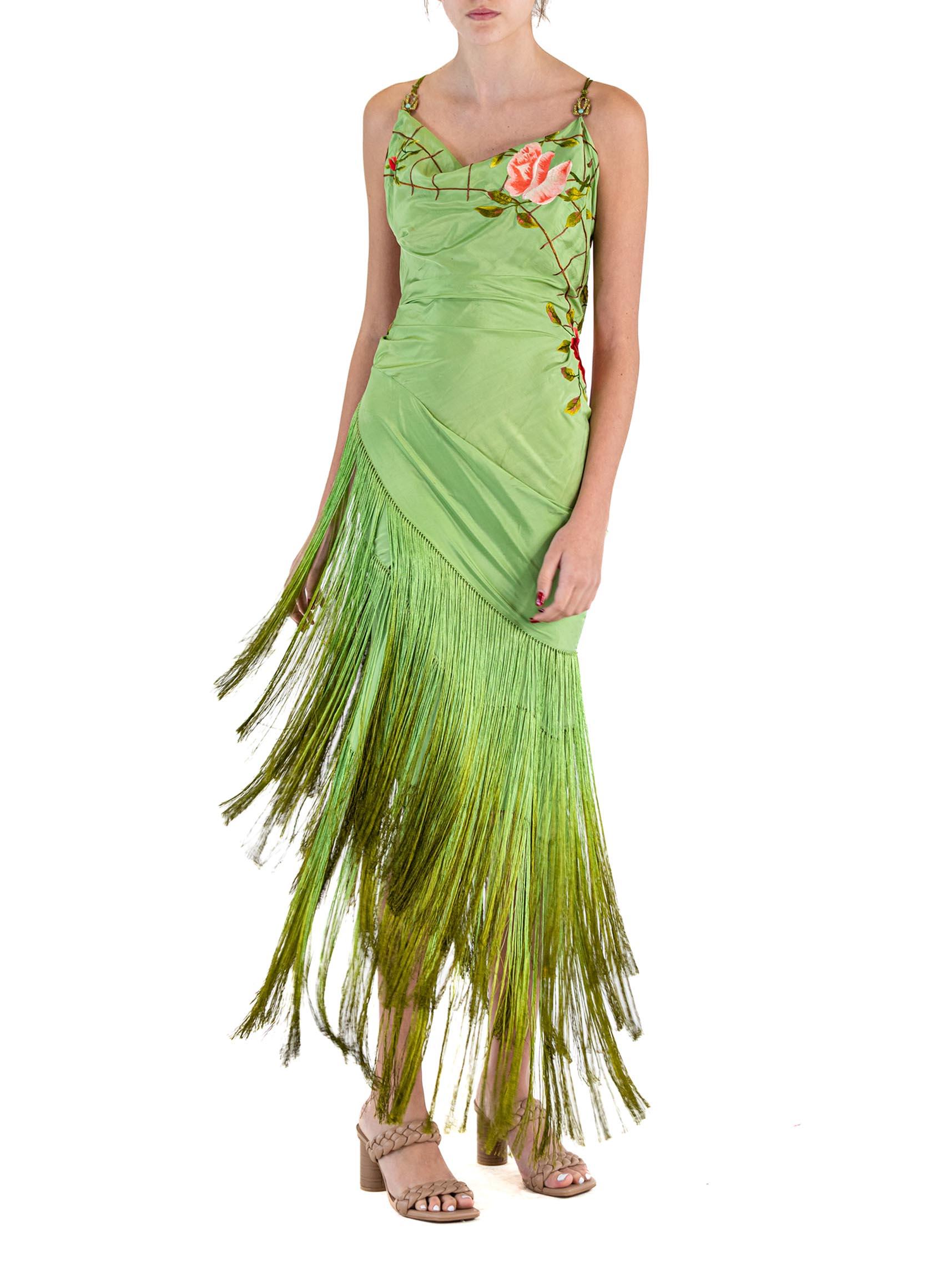 MORPHEW ATELIER Green Hand Embroidered Silk Bias Piano Shawl Gown With Ombré Fr For Sale 2