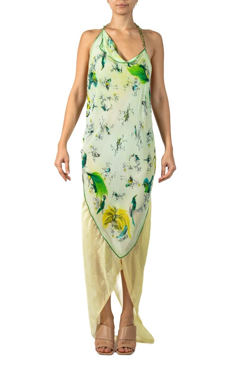 This dress is made from vintage scarves from the 1950s and straps made using real Peridot & Citrine crystals Vintage materials all show slights signs of age.  MORPHEW ATELIER Green & Yellow Tissue Silk Scarf Dress With Crystal Straps 