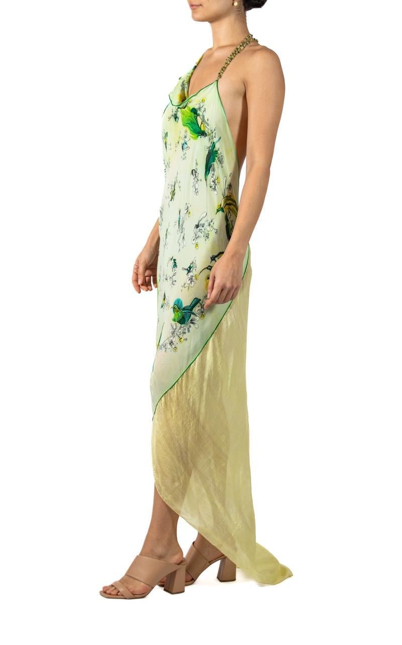 MORPHEW ATELIER Green & Yellow Tissue Silk Scarf Dress With Crystal Straps In Excellent Condition For Sale In New York, NY