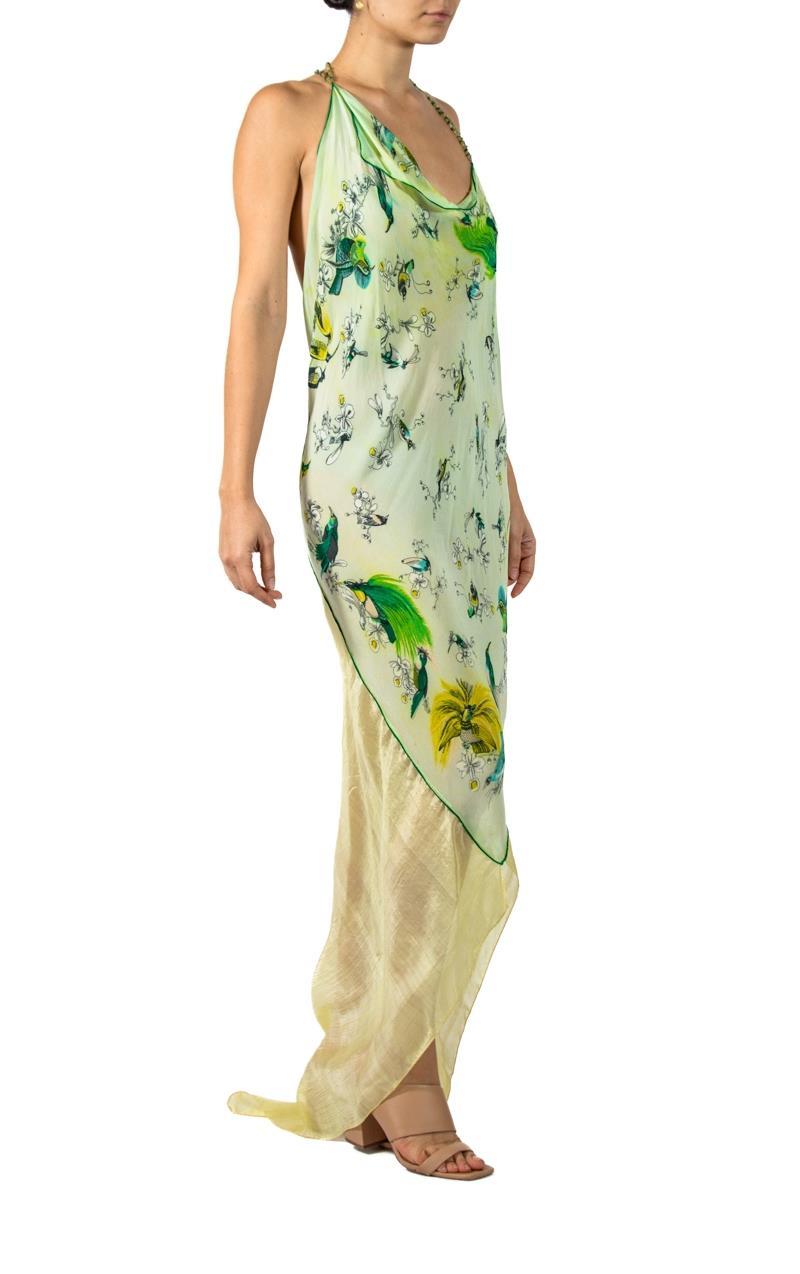 MORPHEW ATELIER Green & Yellow Tissue Silk Scarf Dress With Crystal Straps For Sale 1