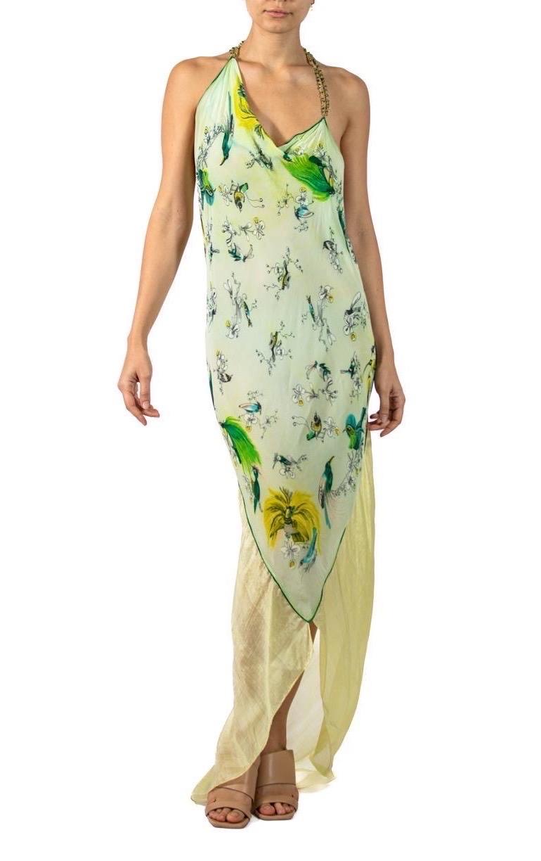 MORPHEW ATELIER Green & Yellow Tissue Silk Scarf Dress With Crystal Straps For Sale 3