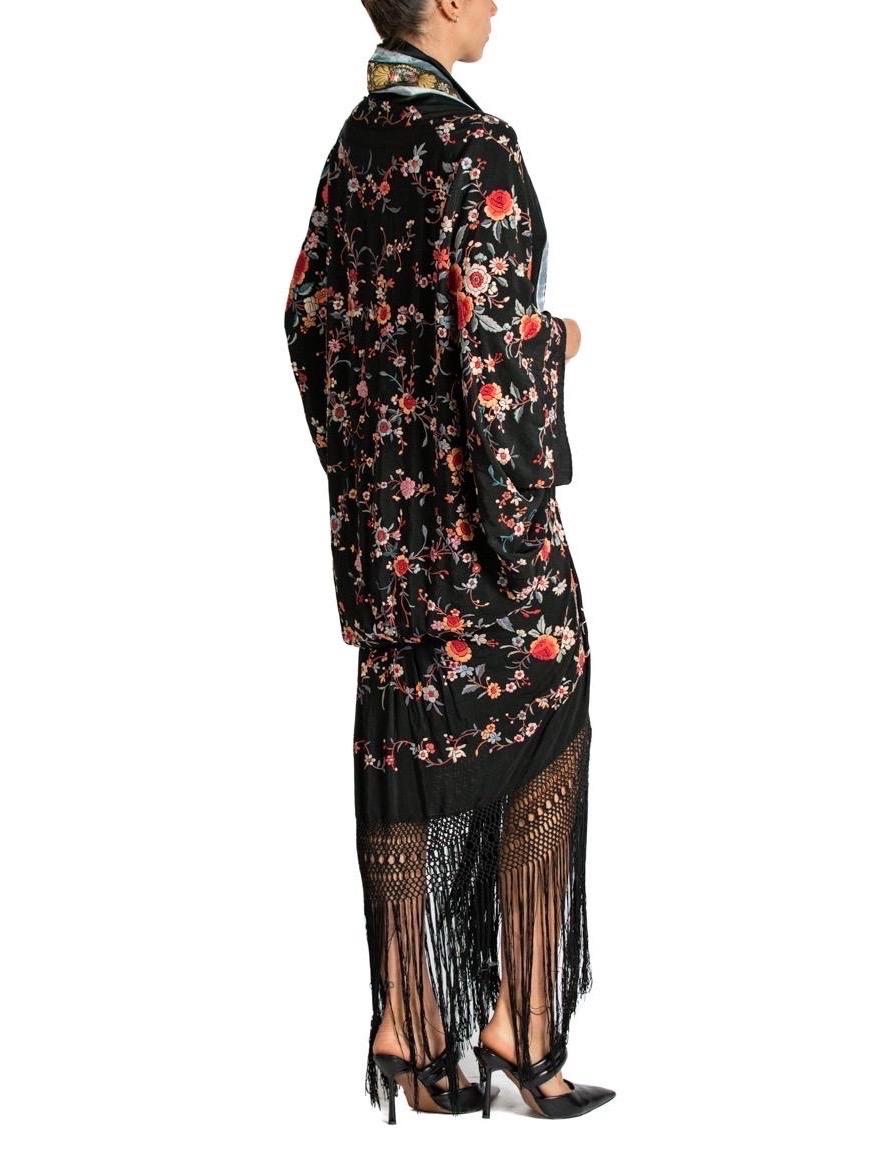 MORPHEW ATELIER Grey & Black Silk Hand Embroidered Floral Piano Shawl Cocoon Wi For Sale 1