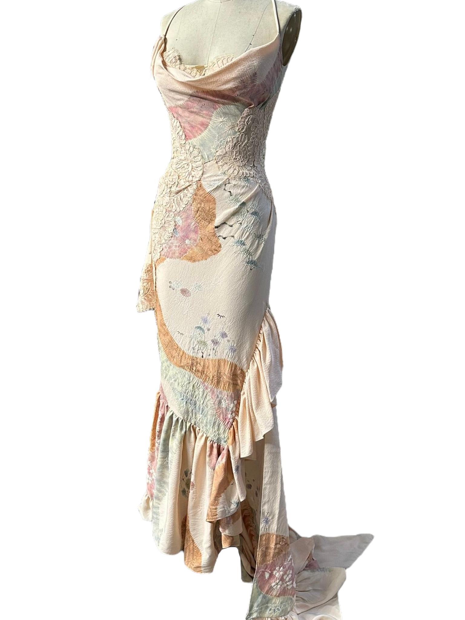 Morphew Atelier Hand Painted Japanese Kimono Silk & Lace Gown 7