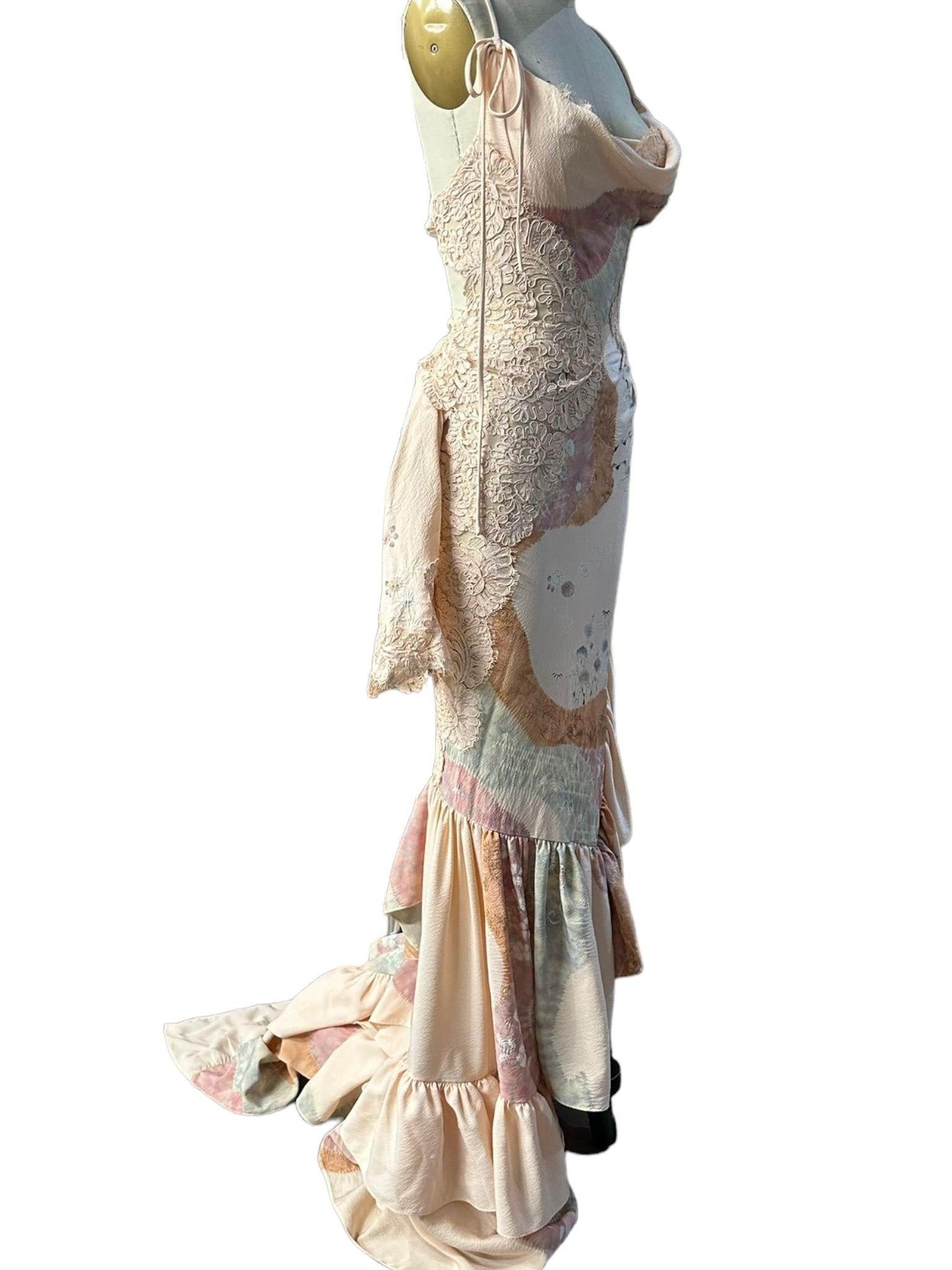 Morphew Atelier Hand Painted Japanese Kimono Silk & Lace Gown 9