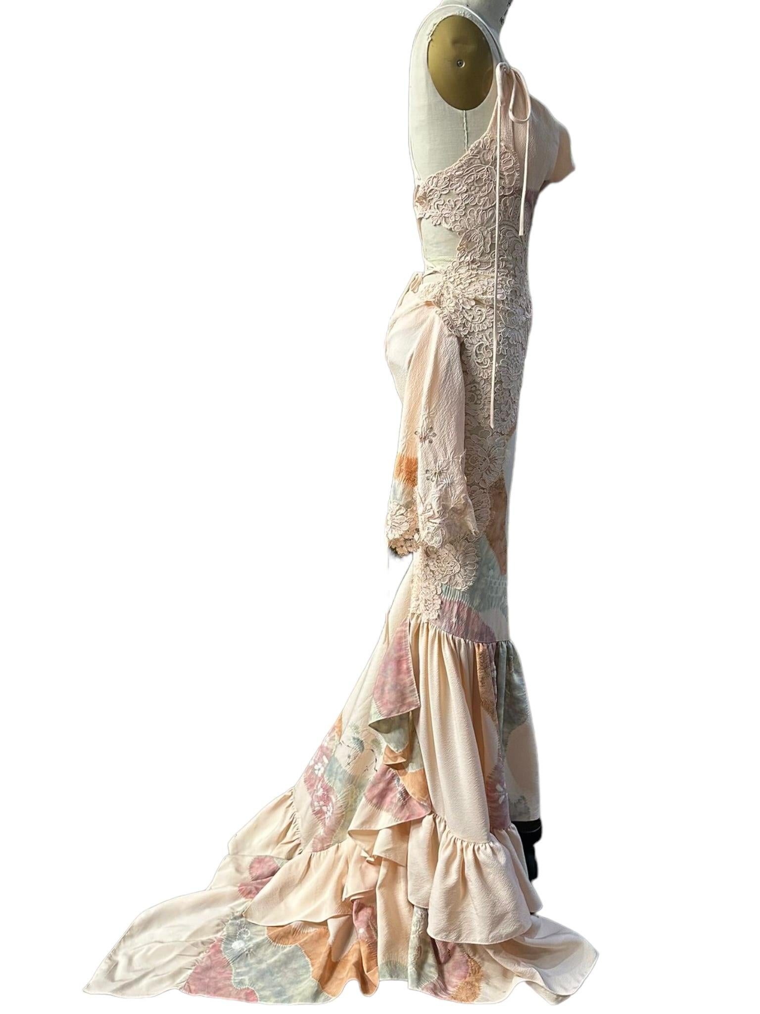Morphew Atelier Hand Painted Japanese Kimono Silk & Lace Gown 10