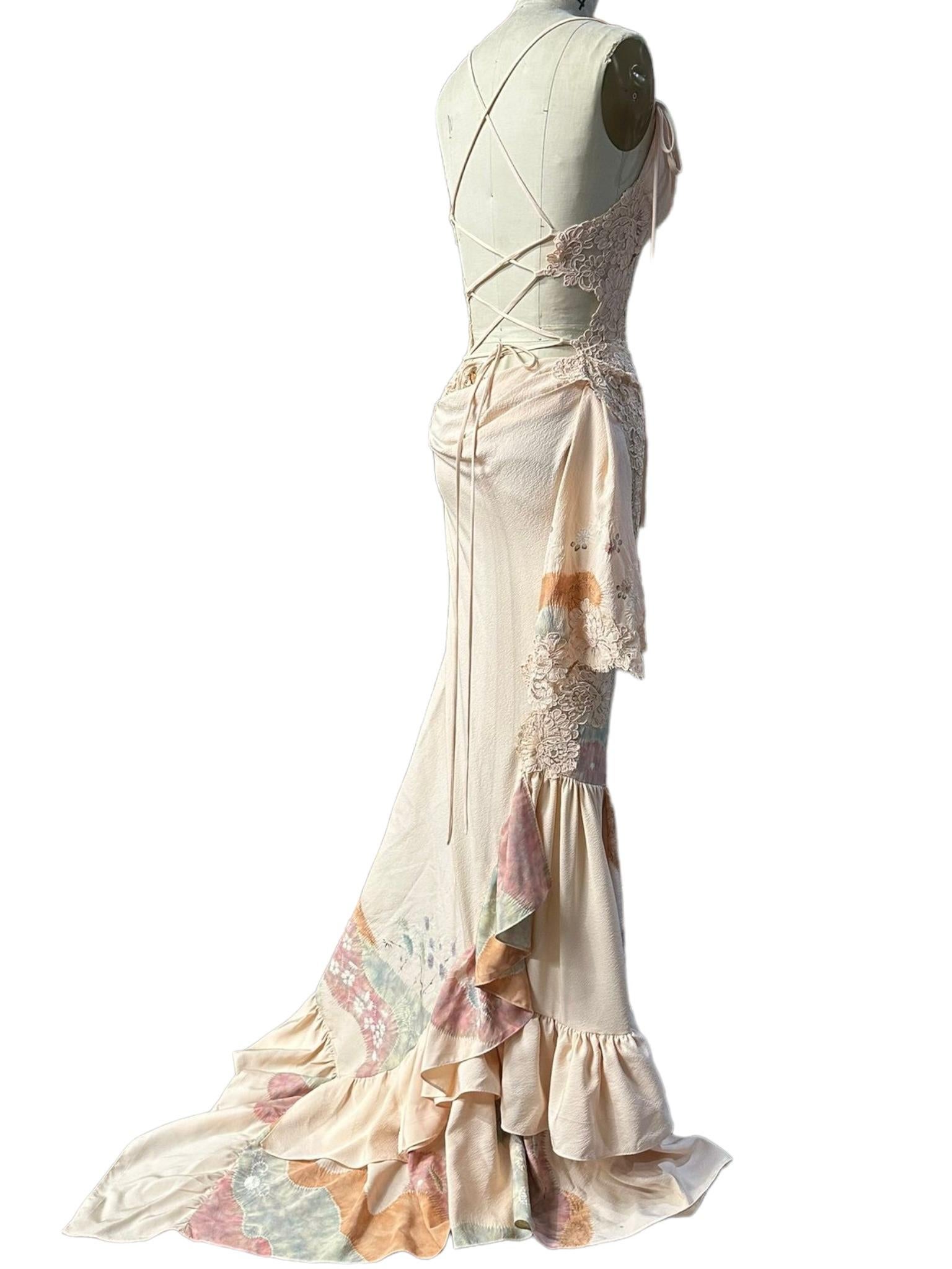 Morphew Atelier Hand Painted Japanese Kimono Silk & Lace Gown 11