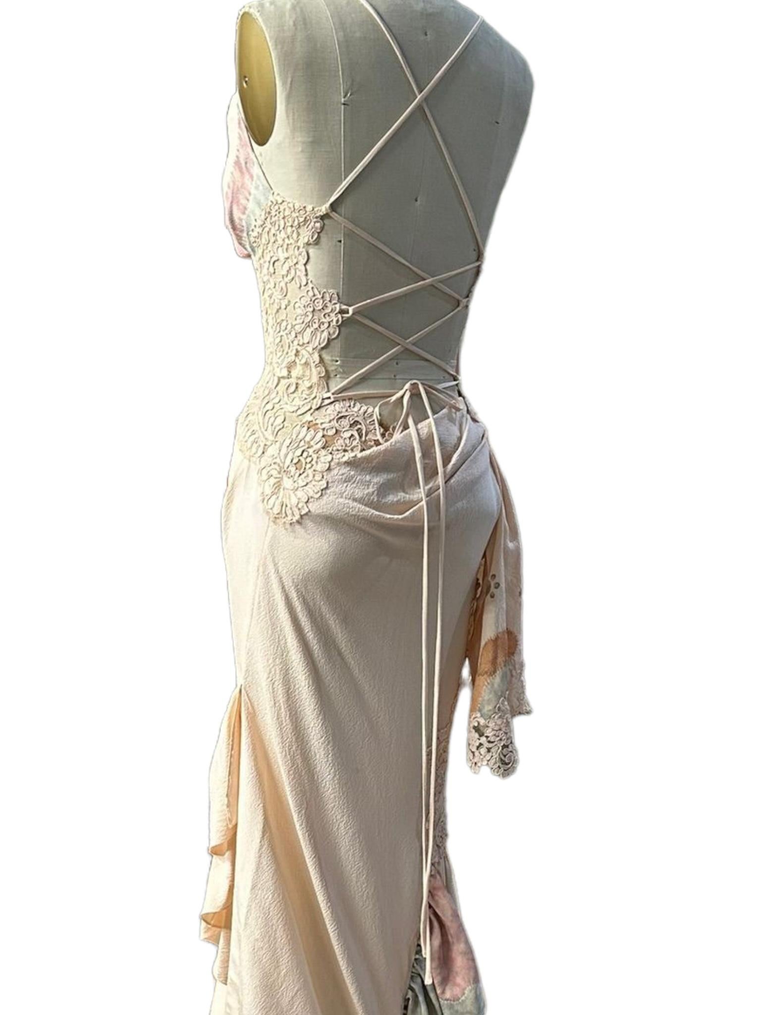 Morphew Atelier Hand Painted Japanese Kimono Silk & Lace Gown 13