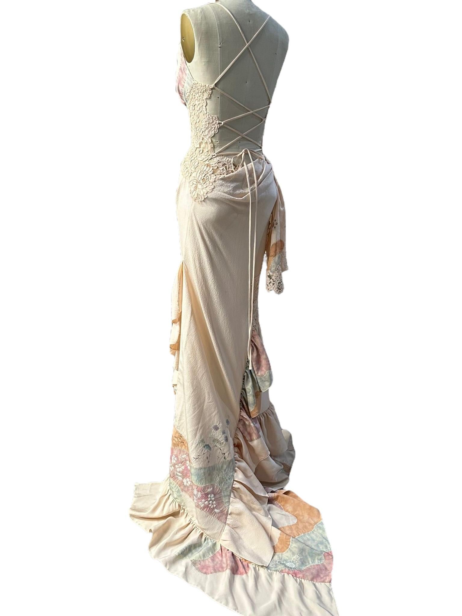 Morphew Atelier Hand Painted Japanese Kimono Silk & Lace Gown 14