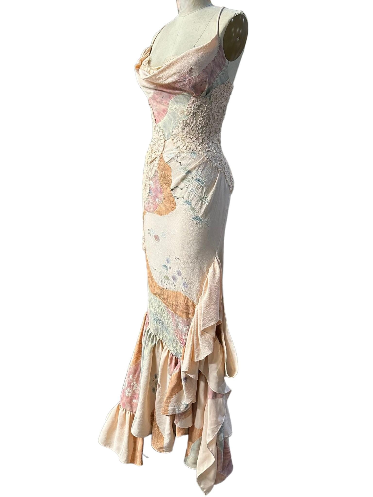 Morphew Atelier Hand Painted Japanese Kimono Silk & Lace Gown 16