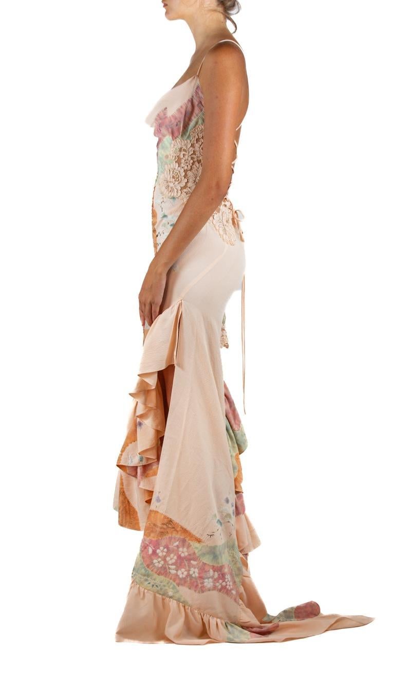 Morphew Atelier Hand Painted Japanese Kimono Silk & Lace Gown In Excellent Condition In New York, NY