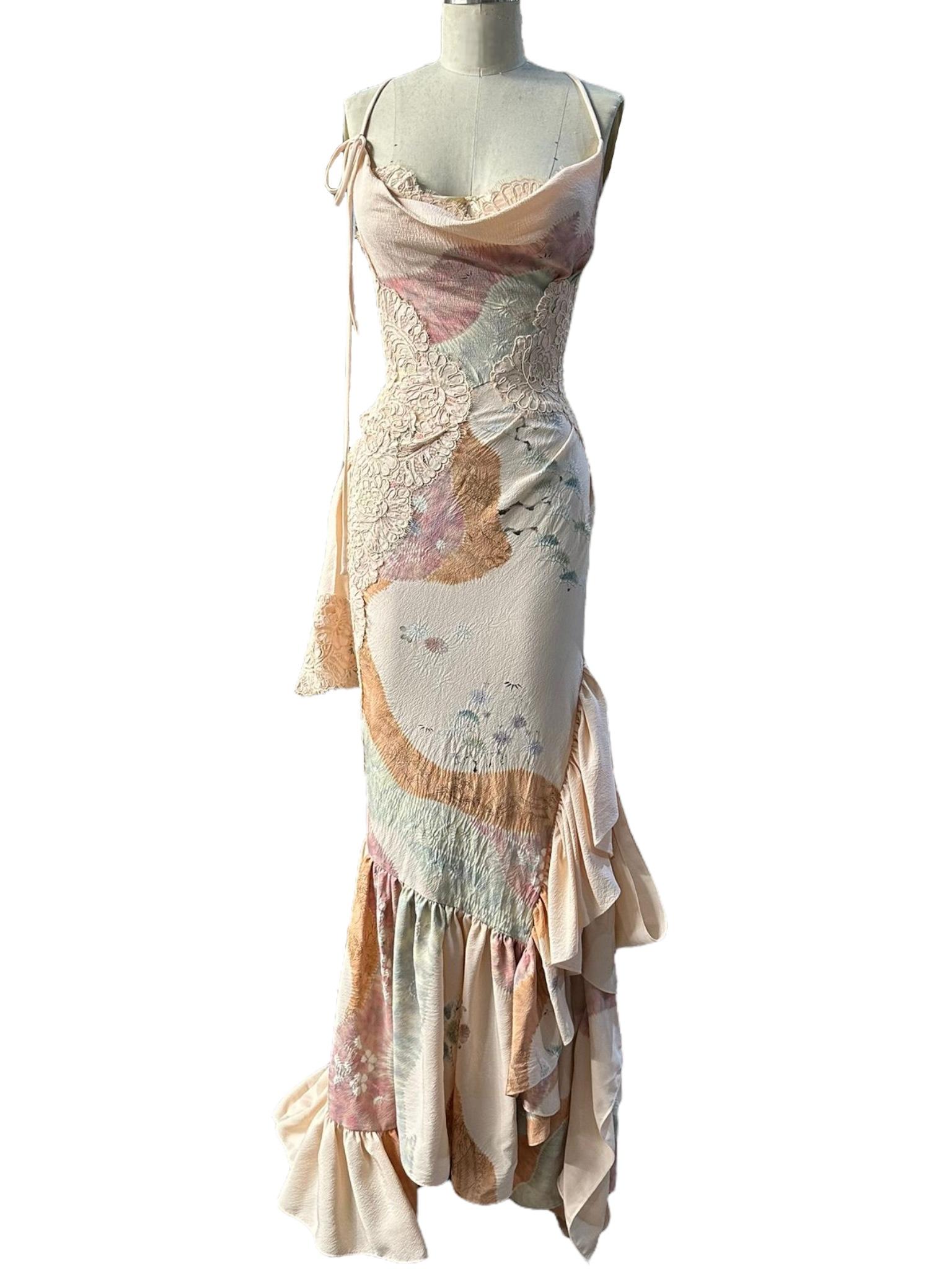 Morphew Atelier Hand Painted Japanese Kimono Silk & Lace Gown 17