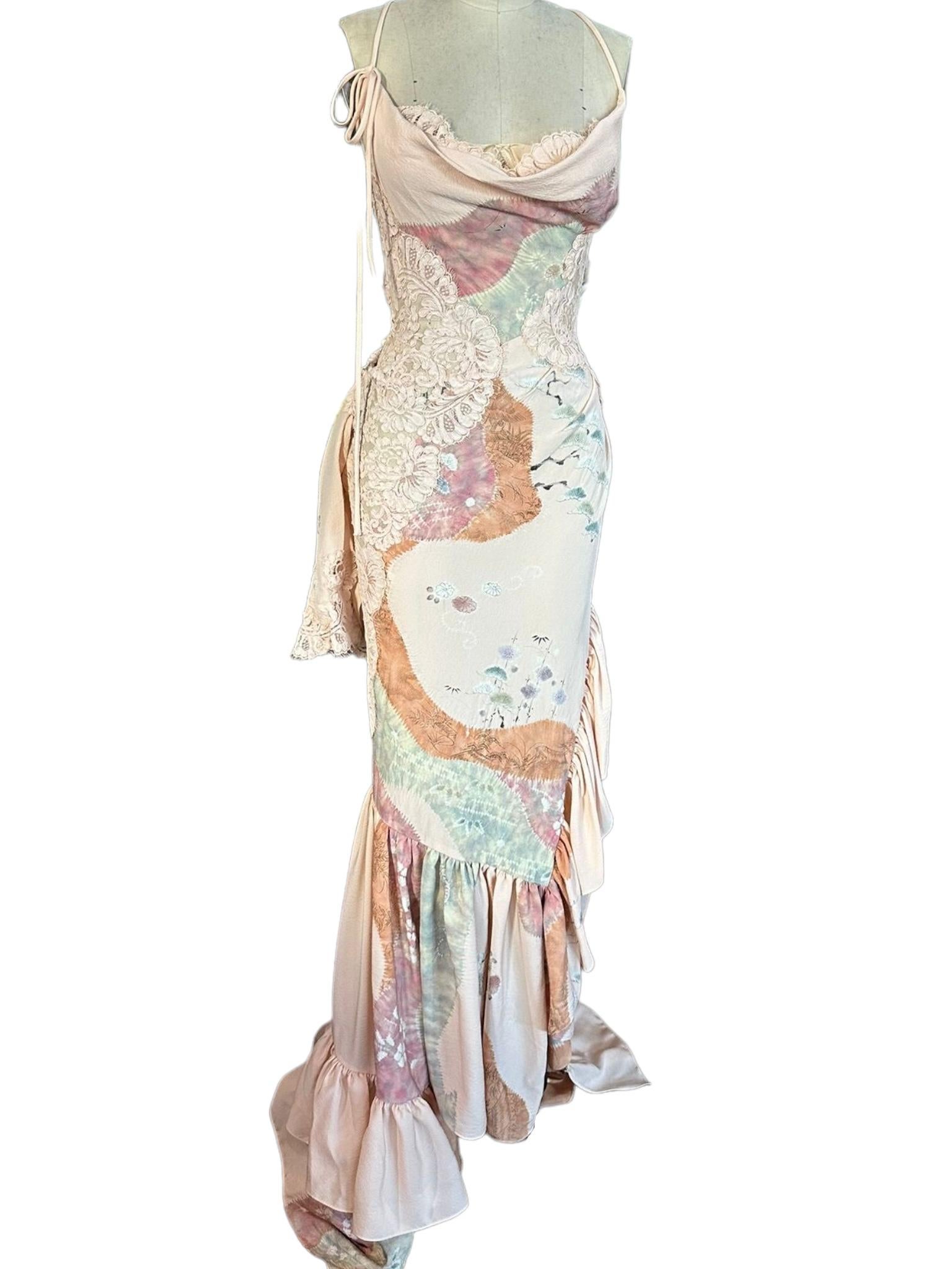 Morphew Atelier Hand Painted Japanese Kimono Silk & Lace Gown 6