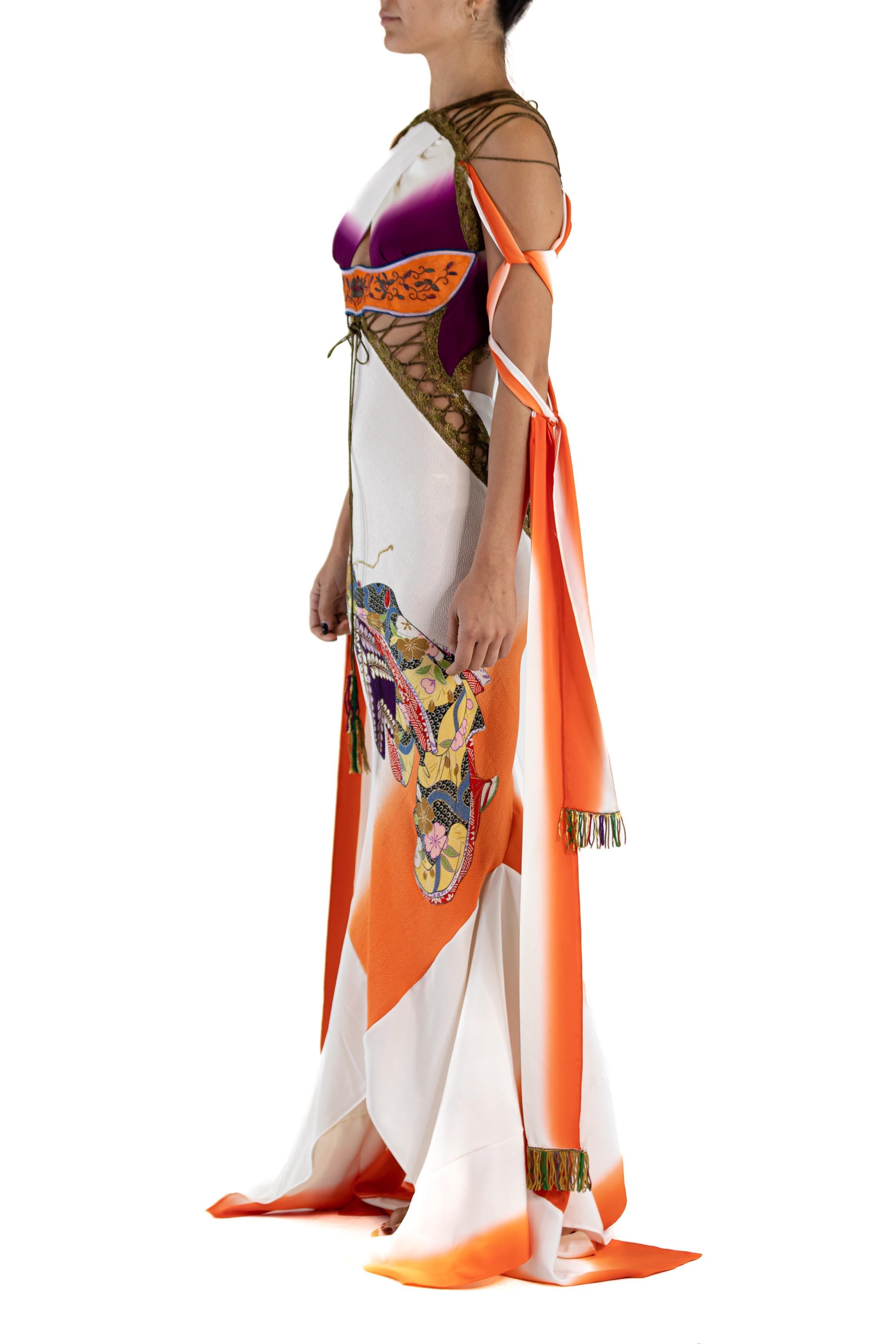 MORPHEW ATELIER Jewel-Tone Bias Cut Japanese Kimono Silk Hand Painted Gown With Metallic Gold Lacing